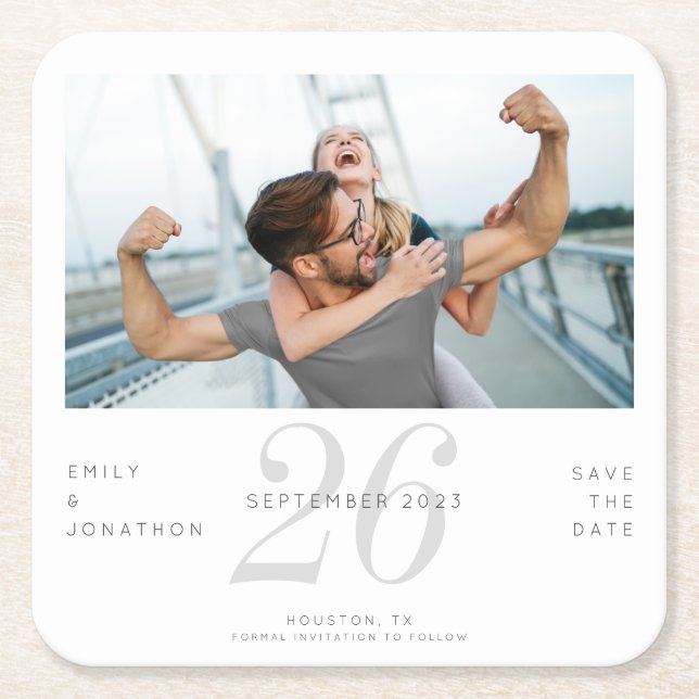 Modern Photo Typography Black Grey Square Paper Coaster (Front)