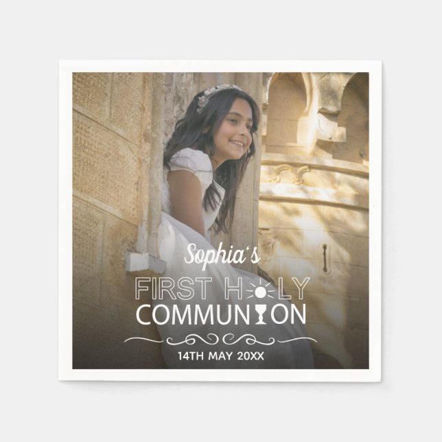 Modern Photo Typography First Holy Communion Napkin (Front)