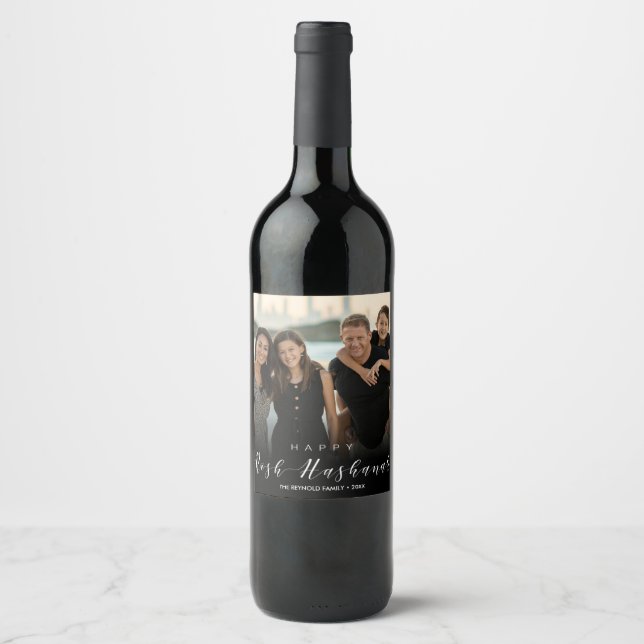 Modern Photo Typography Rosh Hashanah New Year Wine Label (Front)