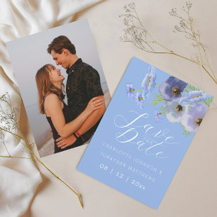 Modern Photo Watercolor Blue Floral Wedding Save The Date