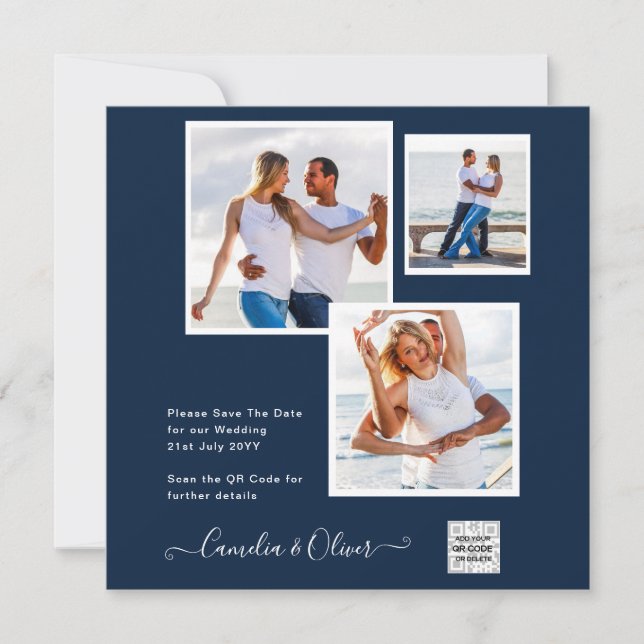 Modern PHOTO Wedding Invite QR CODE RSVP Blue (Front)