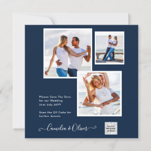 Modern PHOTO Wedding Invite QR CODE RSVP Blue