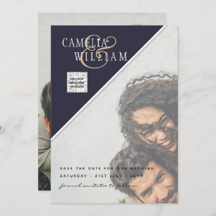 Modern PHOTO Wedding Invite QR CODE RSVP Blue