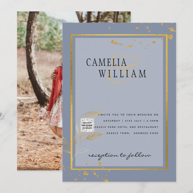 Modern PHOTO Wedding Invite QR CODE RSVP Blue (Front/Back)