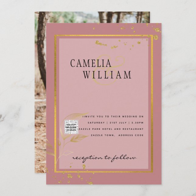 Modern PHOTO Wedding Invite QR CODE RSVP DustyROSE (Front/Back)