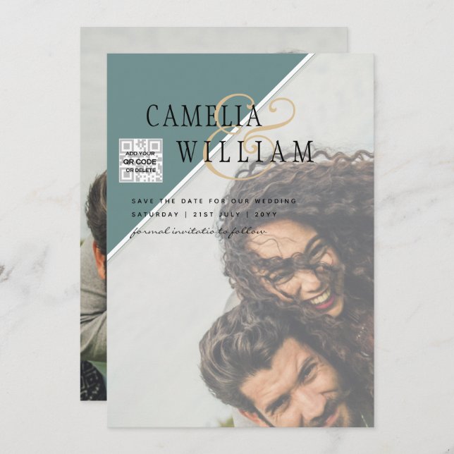 Modern PHOTO Wedding Invite QR CODE Rsvp Green (Front/Back)