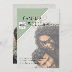 Modern PHOTO Wedding Invite QR CODE Rsvp Green