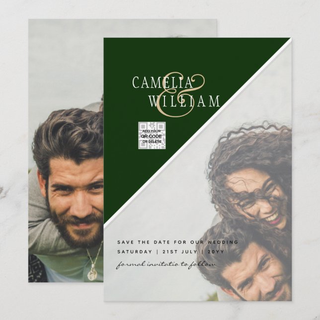 Modern PHOTO Wedding Invite QR CODE Rsvp Green (Front/Back)