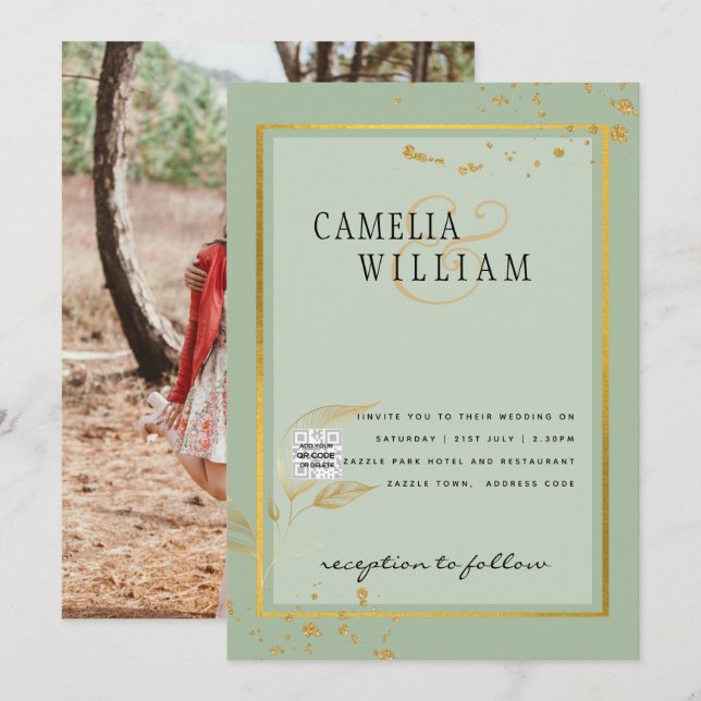 Modern PHOTO Wedding Invite QR CODE Rsvp Green (Front/Back)