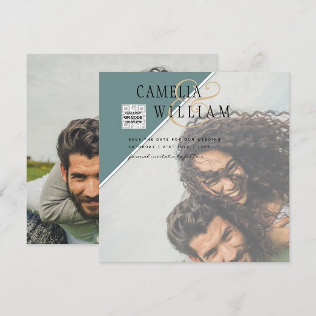 Modern PHOTO Wedding Invite QR CODE Rsvp Green (Front/Back)