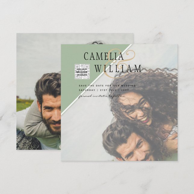 Modern PHOTO Wedding Invite QR CODE Rsvp Green (Front/Back)
