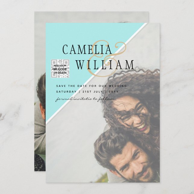 Modern PHOTO Wedding Invite QR CODE RSVP TEAL (Front/Back)