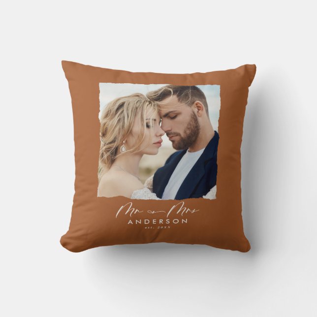 Modern photo wedding personalised Mr and Mrs Cushion (Front)