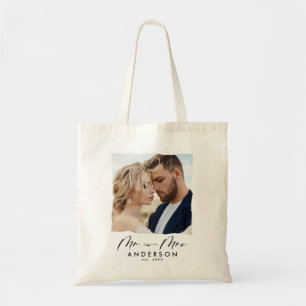 Modern photo wedding personalised mr and mrs tote bag