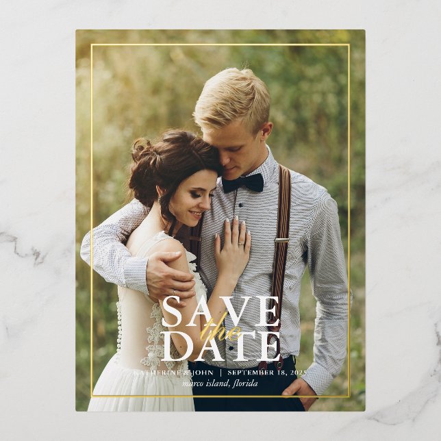 Modern Photo Wedding Save the Date Foil Invitation Postcard (Front)