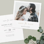 Modern Photo Wedding Save the Date Invite Template<br><div class="desc">This simply chic square photo wedding save the date card template features an elegant, minimalist, modern design. Please browse our shop for versions of this design in a rectangular format in flat card, postcard and magnet formats in various colours! The front features your first names under your favourite photo and...</div>
