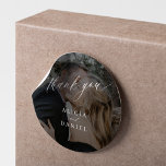 Modern photo wedding thank you favour  classic round sticker<br><div class="desc">Elegant simple minimal faded photo black overlay wedding favour thank you sticker featuring a classy stylish chic trendy calligraphy script.                      Easy to personalise with your couple's names and picture!</div>