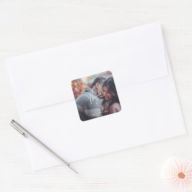 Modern Photo Wedding Thank You Square Sticker (Envelope)