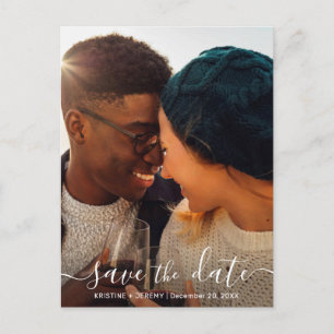 Modern Photo White Script Typography Save the Date Announcement Postcard