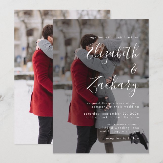 Modern Photo White Script Wedding Invitation (Front/Back)
