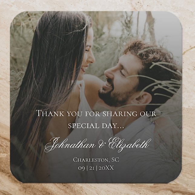 Modern Photo with Black Overlay Wedding Favour Square Sticker (Modern Photo with Black Overlay Wedding Favor Stickers)