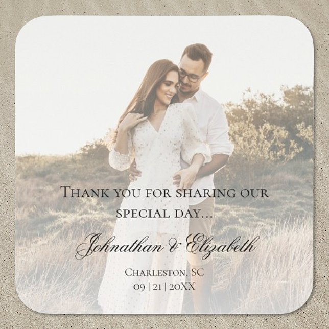 Modern Photo with Overlay Wedding Square Sticker (Modern Photo and Overlay Wedding Favor Stickers)