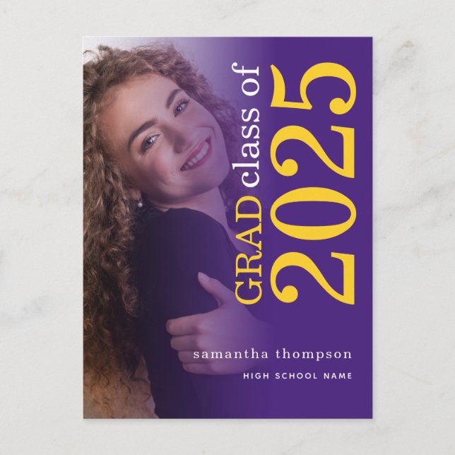 Modern Photo Yellow Purple 2025 Graduation Announcement Postcard (Front)