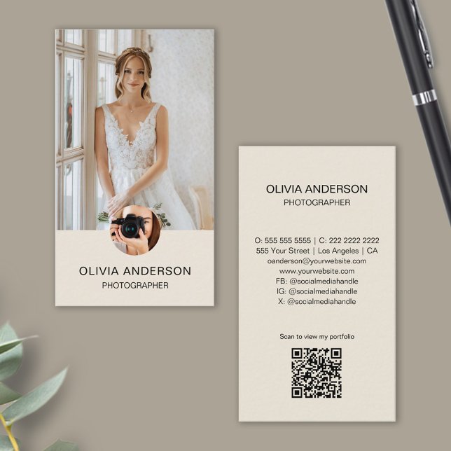 Modern Photographer 2 Photos QR Code Simple Cream Business Card (Modern Photographer 2 Photos QR Code Simple Cream Business Card)
