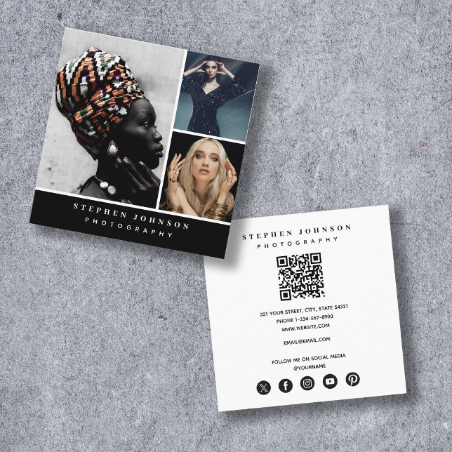 Modern Photographer 3 Photos QR Code Social Media Square Business Card (Modern Photographer 3 Photos QR Code Social Media Square Business Card)