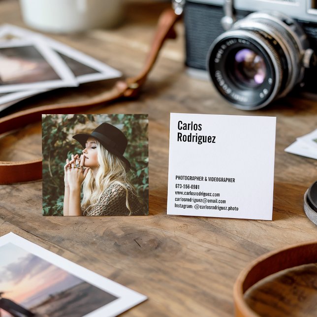 Modern photographer photo simple black and white square business card (Modern photographer photo simple black and white)
