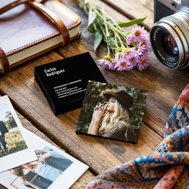 Modern photographer photo simple black and white square business card (Modern photographer photo simple black and white)