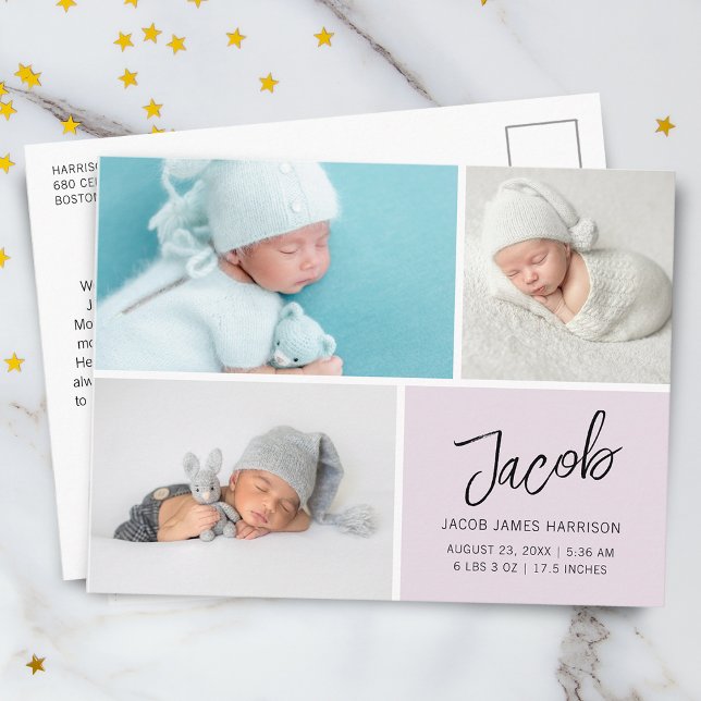 Modern Photos Grid Birth Announcement Postcard (Creator Uploaded)