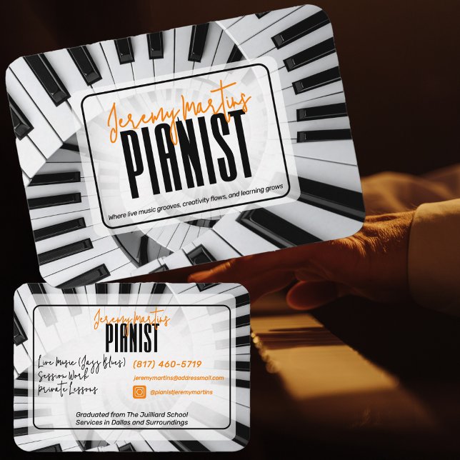 Modern Piano Spirals Black&White Orange Pianist Business Card (Creator Uploaded)