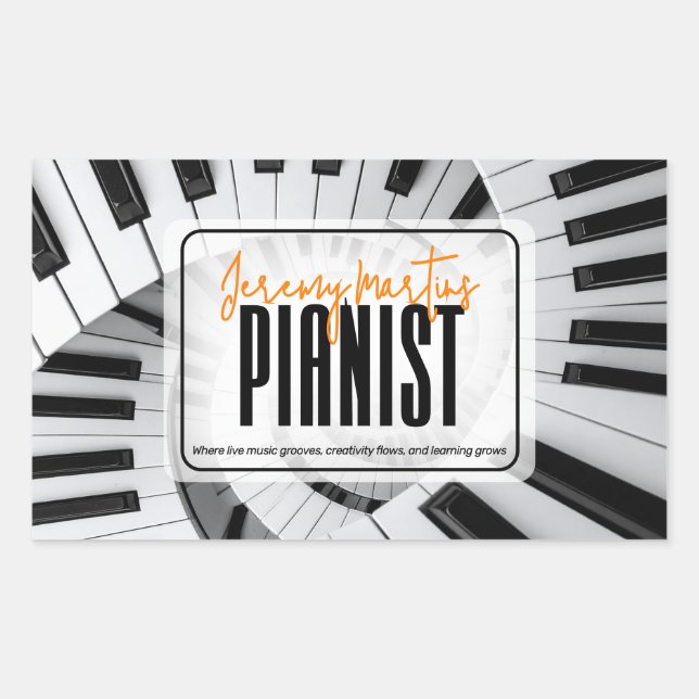 Modern Piano Spirals Black&White Orange Pianist Rectangular Sticker (Front)