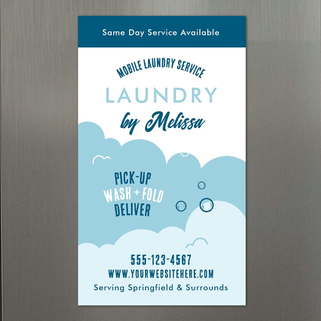 Modern Pick-Up Laundry Service Blue & White Magnet (Trendy mobile laundry service marketing magnetic business cards in light blue and white)