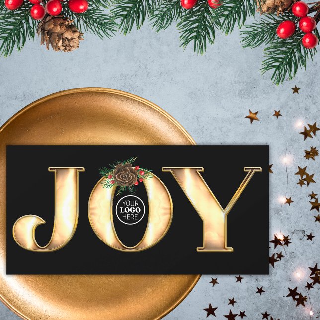 Modern Pine Black And Gold Metal Joy Business Logo Holiday Card (Front)