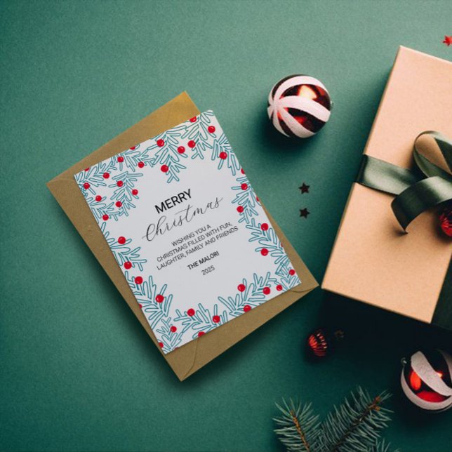 Modern Pine Branch and Red Berry Christmas Pattern Postcard (Creator Uploaded)