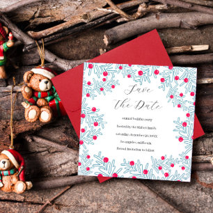 Modern Pine Branch and Red Berry Christmas Pattern Save The Date