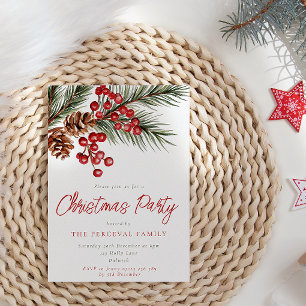 Modern Pine Branch & Berries Christmas Party Invitation