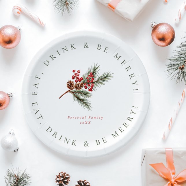 Modern Pine Branch & Berries Family Christmas Paper Plate (Creator Uploaded)