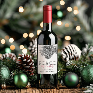 Modern Pine Branch Drawing Peace On Earth Wine Label