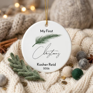 Modern Pine Leaf Birth Stats Baby First Christmas Ceramic Tree Decoration
