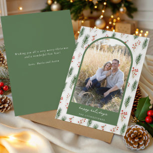 Modern Pine Leaves & Berries Arch Photo Holiday Card