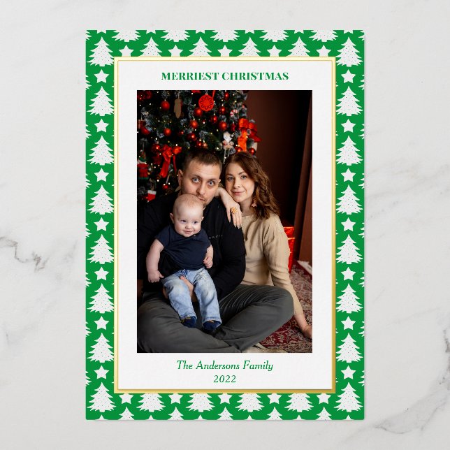 Modern Pine Tree Border Christmas Photo (Front)
