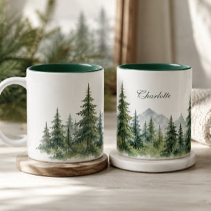 Modern Pine Tree Winter Custom Name Two-Tone Coffee Mug