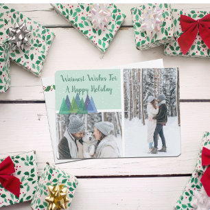 Modern Pine Trees Warmest Wishes 3 Photo Holiday Card