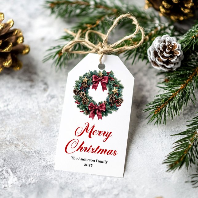 Modern pine wreath gift tag red green gold (Modern pine wreath gift tag red green gold

)