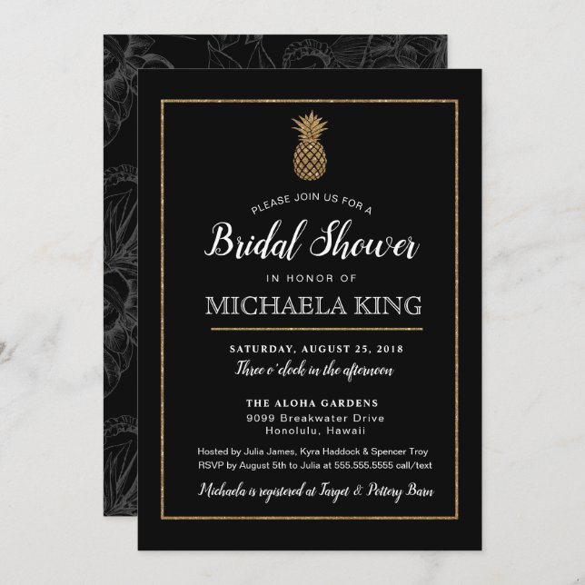 Modern Pineapple Bridal Shower Invitation, Gold Invitation (Front/Back)