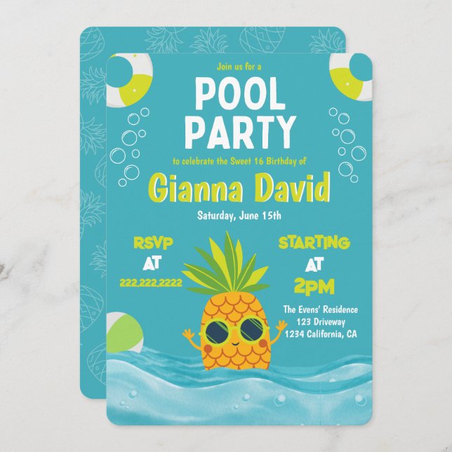 Modern Pineapple Pool Party Birthday Summer  Invitation (Front/Back)