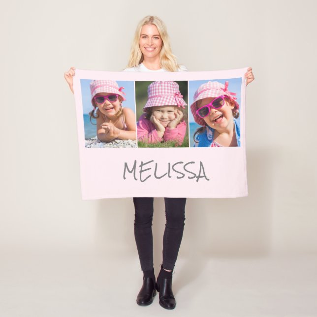 Modern Pink 3 Photo Name Fleece Blanket (In Situ)